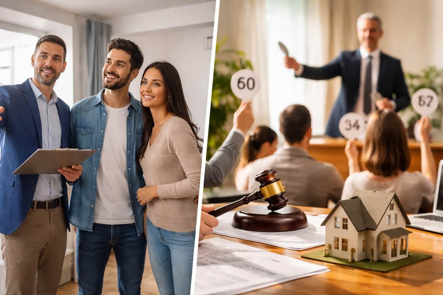 Comparação entre leilão ou venda tradicional na compra de imóvel em imagem com corretor e leiloeiro