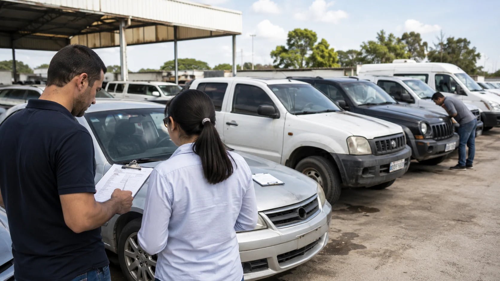 Veículos de leilão em pátio com participantes analisando documentos antes de dar lance